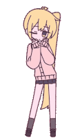 a drawing of a girl with long blonde hair wearing a pink sweater and a red bow tie