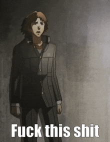 a man in a suit is standing in front of a wall with the words " fuck this shit " on the bottom
