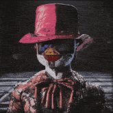 a clown wearing a red top hat and glasses with a screen that says ' a ' on it