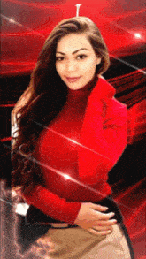 a woman in a red turtleneck sweater has the letter i above her head