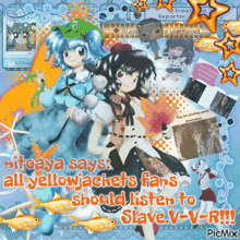 a poster that says ' ritoaya says all yellowjackets fans should listen to slave.v-v-r !!! ' on it