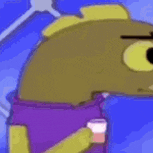 a close up of a cartoon character holding a cup of milk .