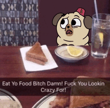 a cartoon dog is sitting at a table with a plate of food