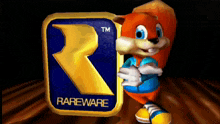 a rareware logo with a squirrel in the background