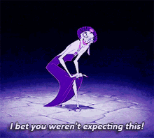 a woman in a purple dress says i bet you weren t expecting this