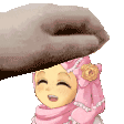 a cartoon girl wearing a pink hijab and a pink scarf is being patted on the head by a hand .