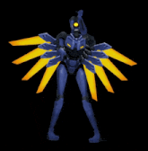 a blue robot with yellow wings and a yellow head