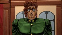 a cartoon character with a surprised look on his face wearing a green jacket