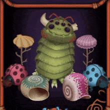 a green monster with horns is surrounded by shells