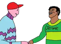 a cartoon of two men shaking hands with one wearing a jerome sweater
