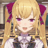 a girl with blonde hair and purple eyes is wearing a white shirt and tie