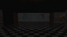 a black and white checkered floor in a dark room with a brick wall