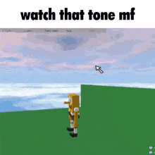 a screenshot of a video game with a spongebob character standing on top of a grass covered field .