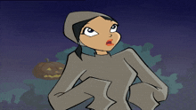 a cartoon of a girl with a pumpkin in the background