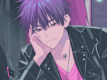 a boy with purple hair is wearing a pink shirt and black jacket
