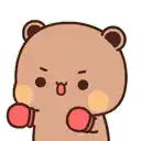 a cartoon teddy bear is wearing red boxing gloves and looking at the camera .