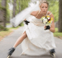 a woman in a wedding dress is rollerblading down the road