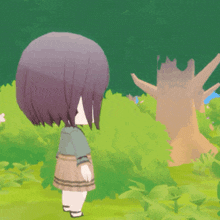 a cartoon girl with purple hair is standing next to a tree in a forest