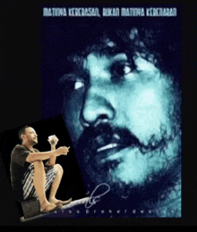 a man with a beard sits next to a picture of a man with a mustache