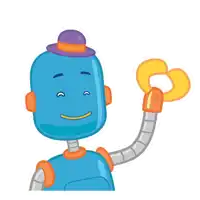 a blue robot with a purple hat is holding a yellow object in his hand