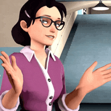 a cartoon woman wearing glasses and a purple shirt with her hands outstretched
