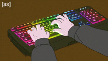 a cartoon drawing of a person typing on a keyboard that says [ as ] on the bottom