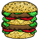 a cartoon drawing of a hamburger with lettuce , tomatoes , cheese and other toppings .