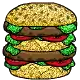 a cartoon drawing of a hamburger with lettuce , tomatoes , cheese and other toppings .