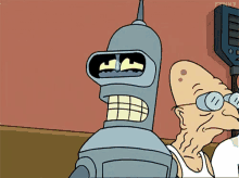 a cartoon of bender from futurama standing next to a man