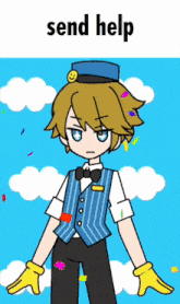 a cartoon of a man in a blue vest with a smiley face on his hat