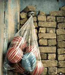 a plastic bag filled with red and blue striped balloons hangs from a brick wall