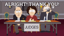 a cartoon of three people sitting at a table with a sign that says " judges "