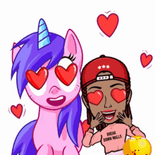 a cartoon drawing of a unicorn and a girl with hearts in their eyes