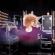 a woman in a purple dress stands in front of a stack of cases with the words deliafanchannel written on the bottom