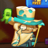 a cartoon character in a top hat is holding a cane in front of a free sign