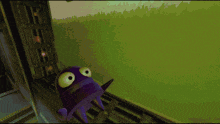 a purple cartoon character with big eyes is standing in front of a green field