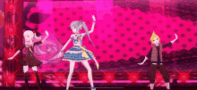 three anime characters dancing on a stage with a pink background