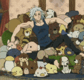 a cartoon of a man sitting on a couch surrounded by stuffed animals