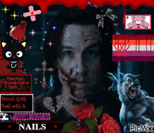 a picture of a man with blood on his face is surrounded by other pictures including a wolf and roses