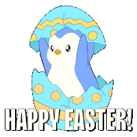 a penguin is coming out of an easter egg and the words happy easter are below it
