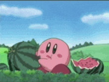 kirby is eating a watermelon in a field while another watermelon is cut in half .