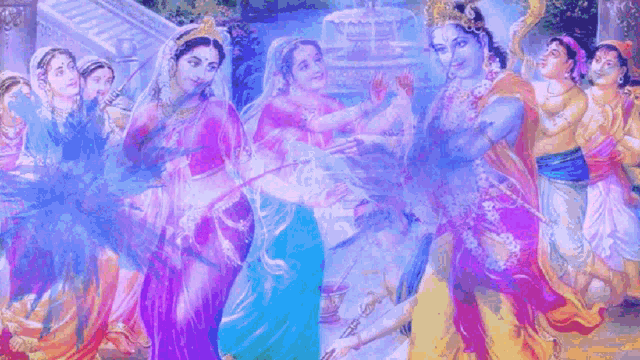 a painting of a group of women dancing with a man