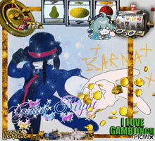 a picture of a man holding coins with the words i love gambling on the bottom right