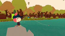 a cartoon cat is fishing in a lake in a video game