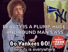 a picture of bob ross painting a yankees logo