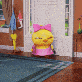 a cartoon chicken wearing a pink dress and a bow