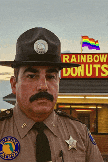 a sheriff in front of a rainbow donuts sign