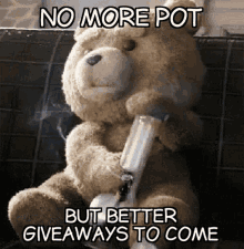 a teddy bear is smoking a bong while sitting on a couch with a meme .