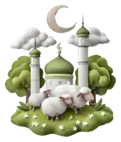 a cartoon illustration of a mosque with a crescent moon and sheep