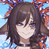 a close up of a girl with a purple eye